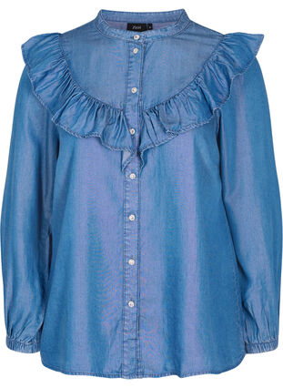 Langærmet skjorte med flæser i lyocell (TENCEL™), Blue denim, Packshot image number 0