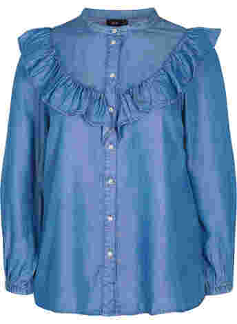 Langærmet skjorte med flæser i lyocell (TENCEL™)