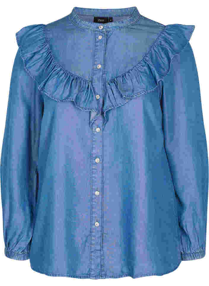 Langærmet skjorte med flæser i lyocell (TENCEL™), Blue denim, Packshot image number 0