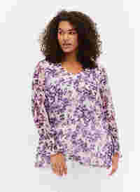 Blomstret bluse med lange ærmer og v-hals, Beige/Purple Flower, Model
