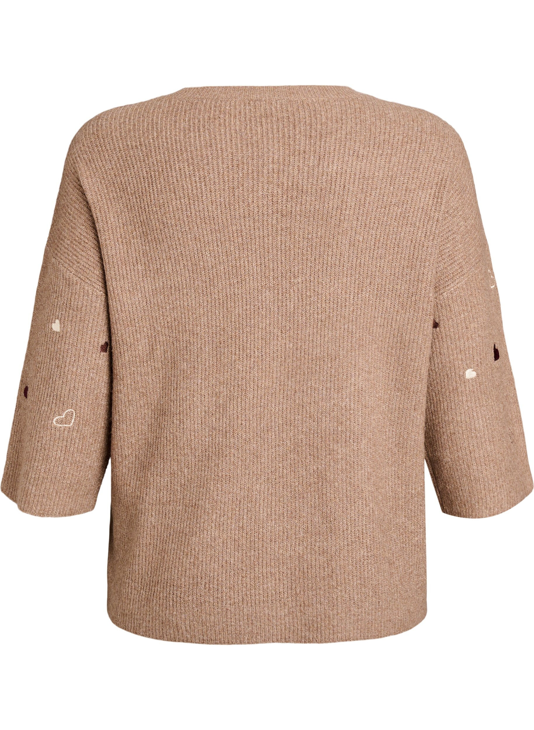 ZizziStrikbluse med hjerter og 3/4 &aelig;rmer, Brun, Packshot image number 1
