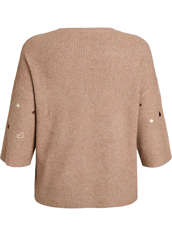 Strikbluse med hjerter og 3/4 &aelig;rmer, Brun, Packshot image number 1