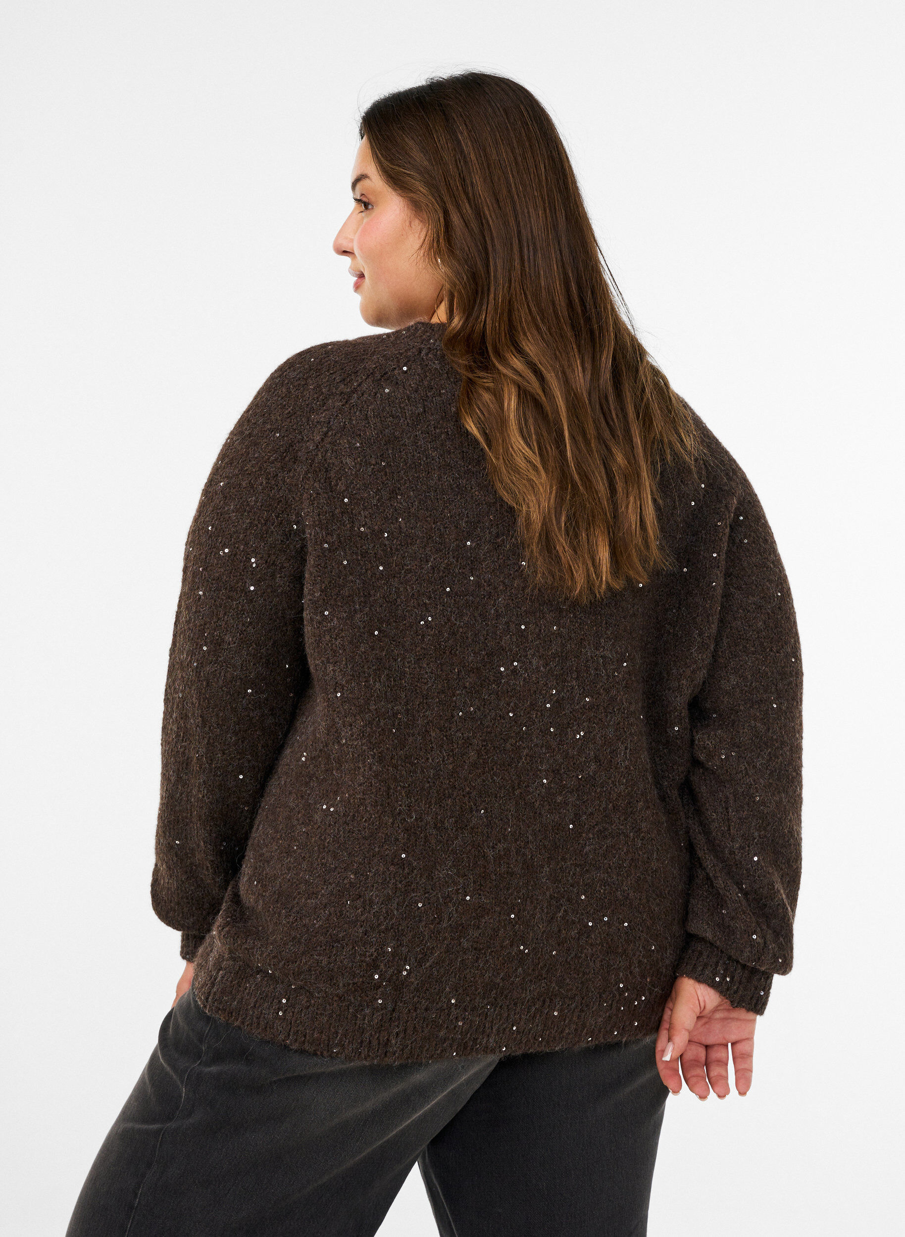 ZizziCardigan med pailletter og knapper, Brun, Model image number 2
