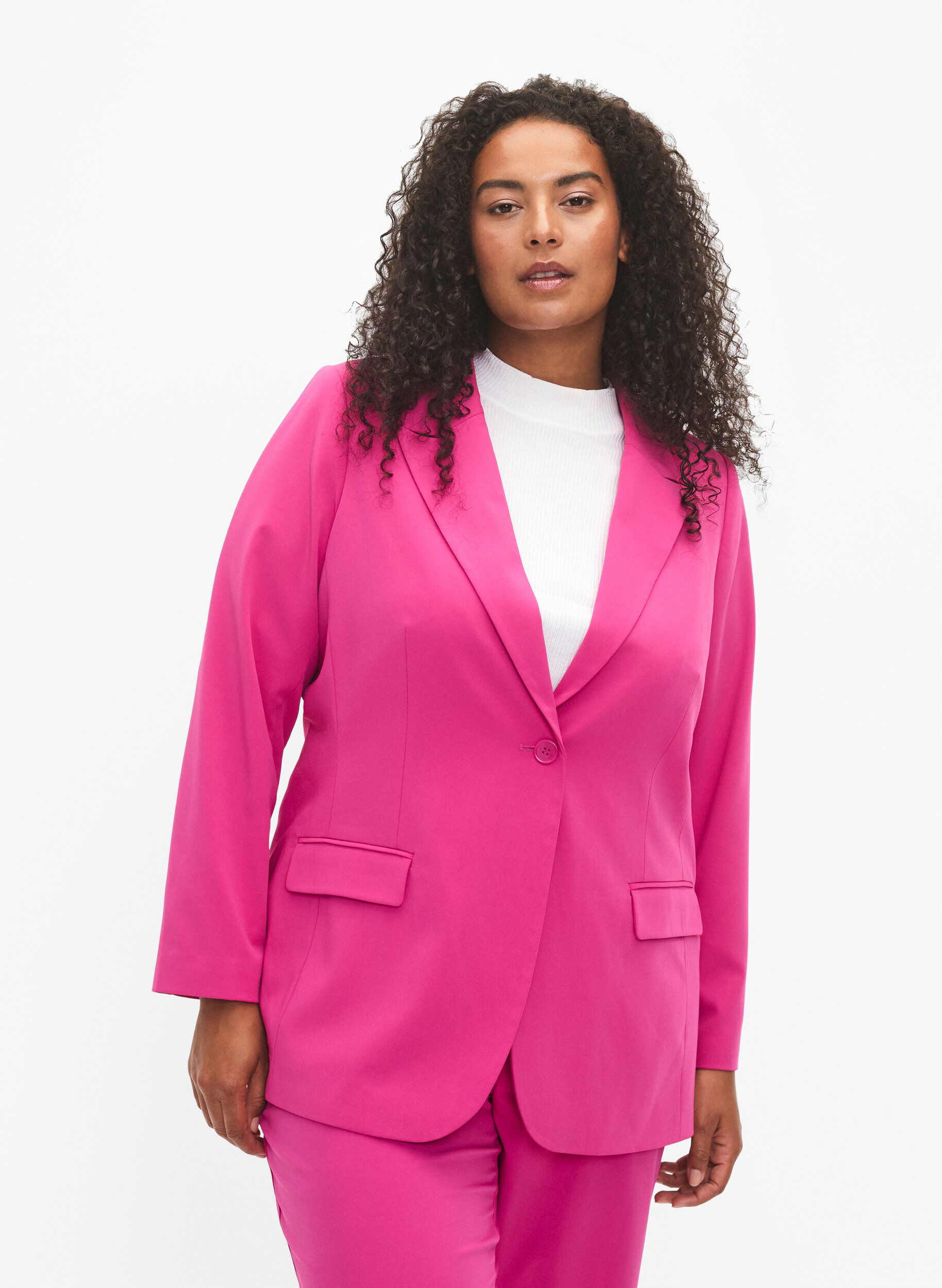 Zizzi Klassisk blazer med lommer, Festival Fuchsia, Model image number 0