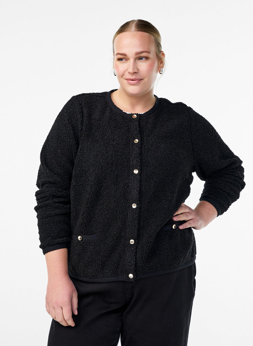 Teddy-cardigan med guldfarvede knapper, Sort, Model image number 0