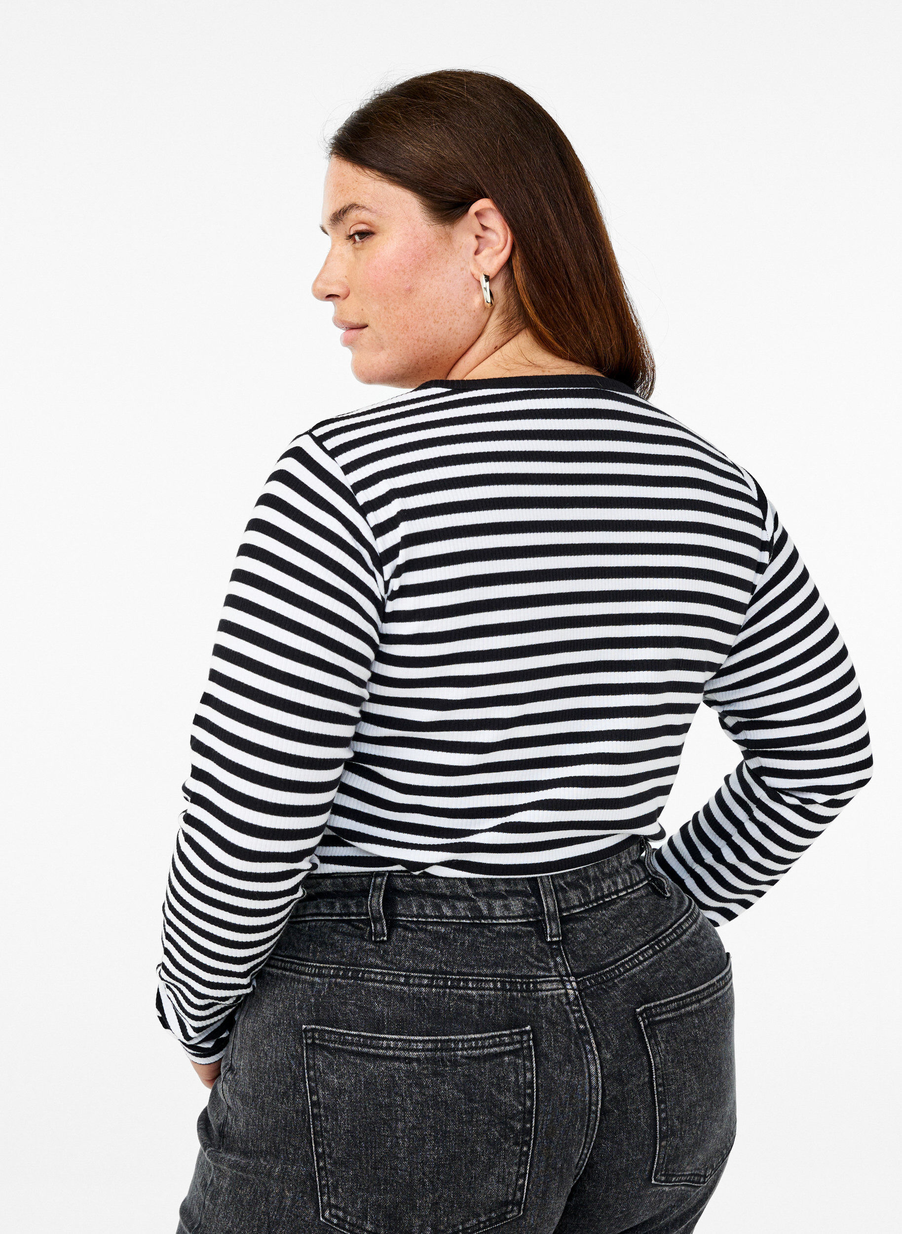 ZizziStribet bluse med lange &aelig;rmer, Sort, Model image number 2
