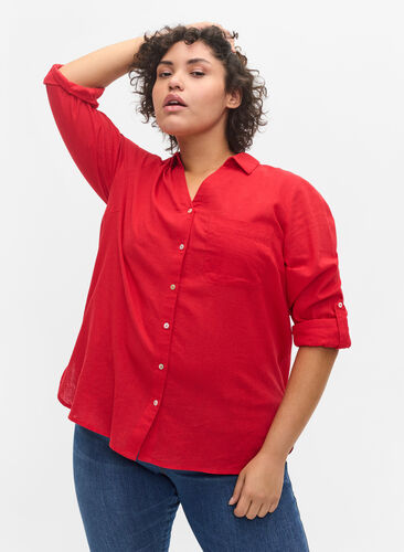 Skjortebluse med knaplukning, Chinese Red, Model image number 0