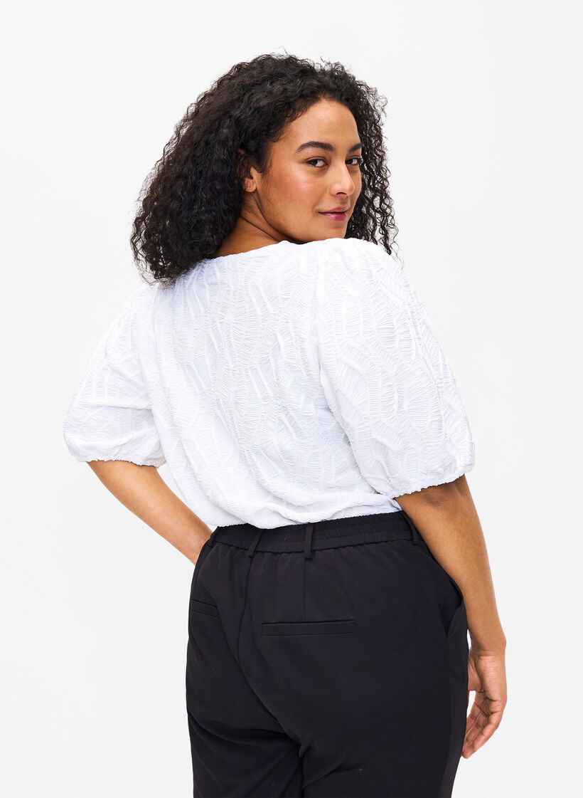 Bluse med tekstur og korte ærmer, Bright White, Model image number 1