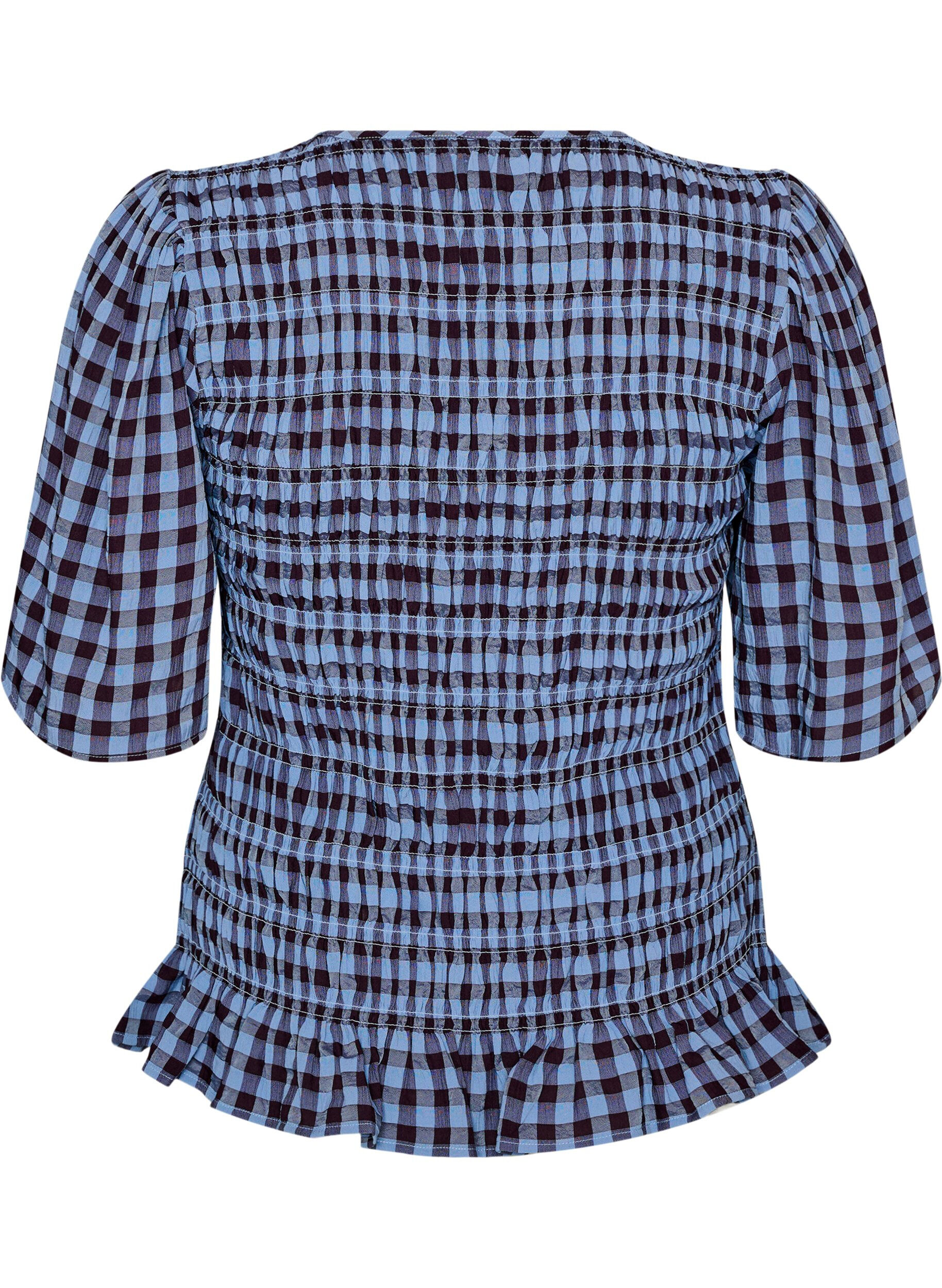 ZizziSmockbluse med gingham tern og fl&aelig;sekant, Bl&aring;, Packshot image number 1