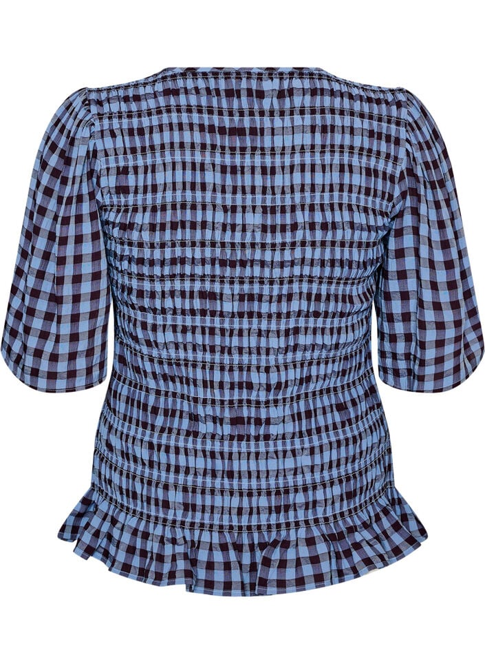 Smockbluse med gingham tern og fl&aelig;sekant, Bl&aring;, Packshot image number 1