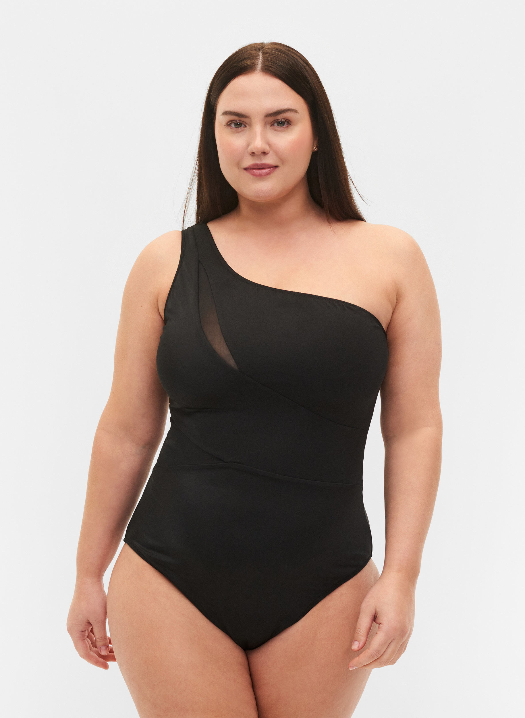 Zizzi One-shoulder badedragt med mesh, Black, Model image number 0