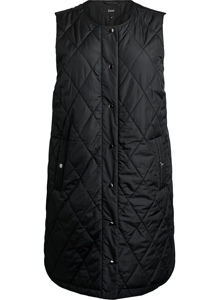 Lang quiltet vest med trykknapper, Sort, Packshot image number 0
