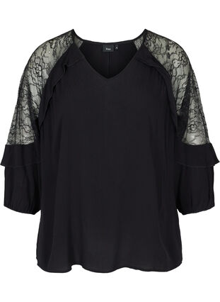 Viskose bluse med blonder og 3/4 ærmer, Black, Packshot image number 0