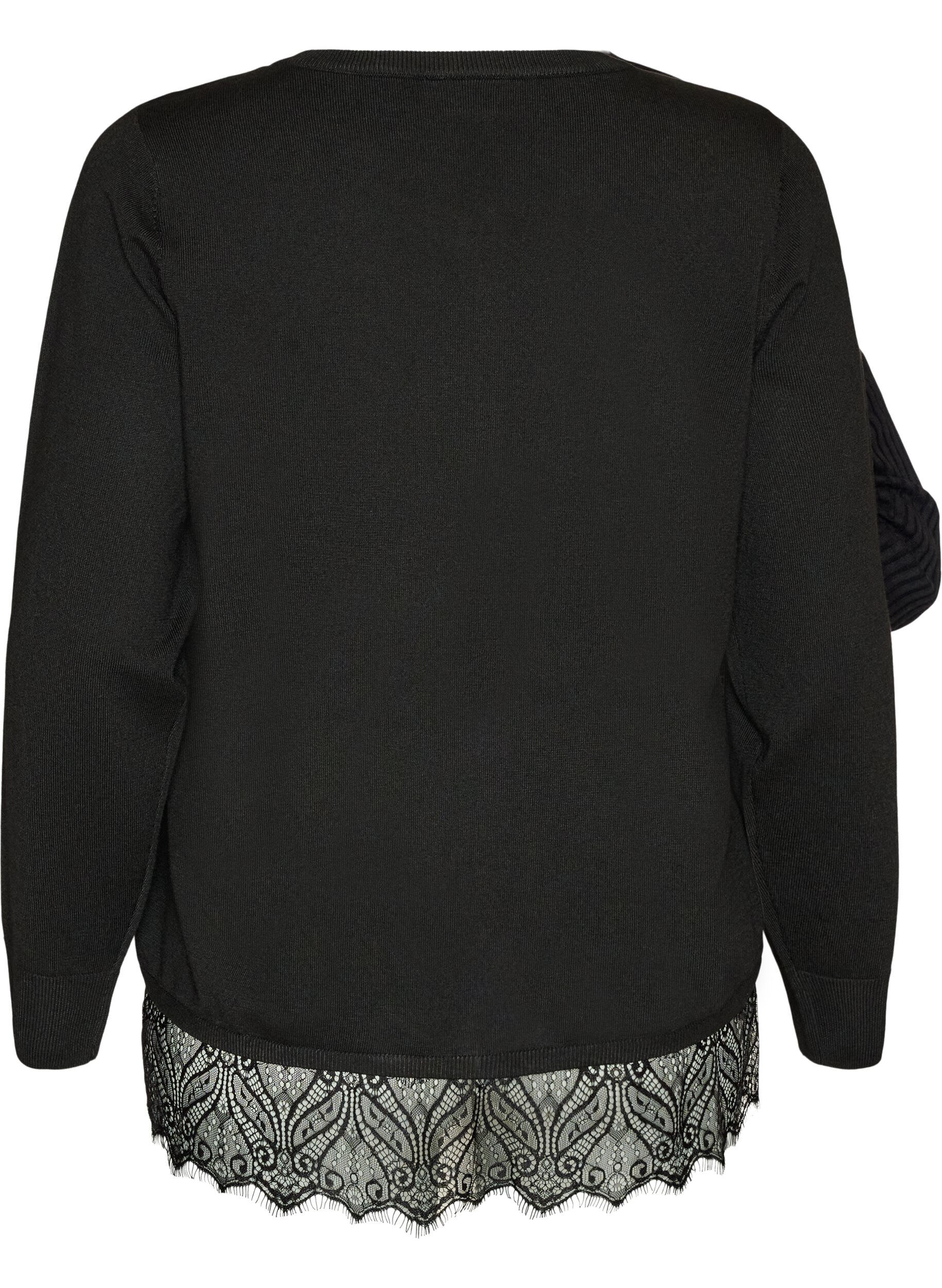 ZizziCardigan med bred blondekant, Sort, Packshot image number 1