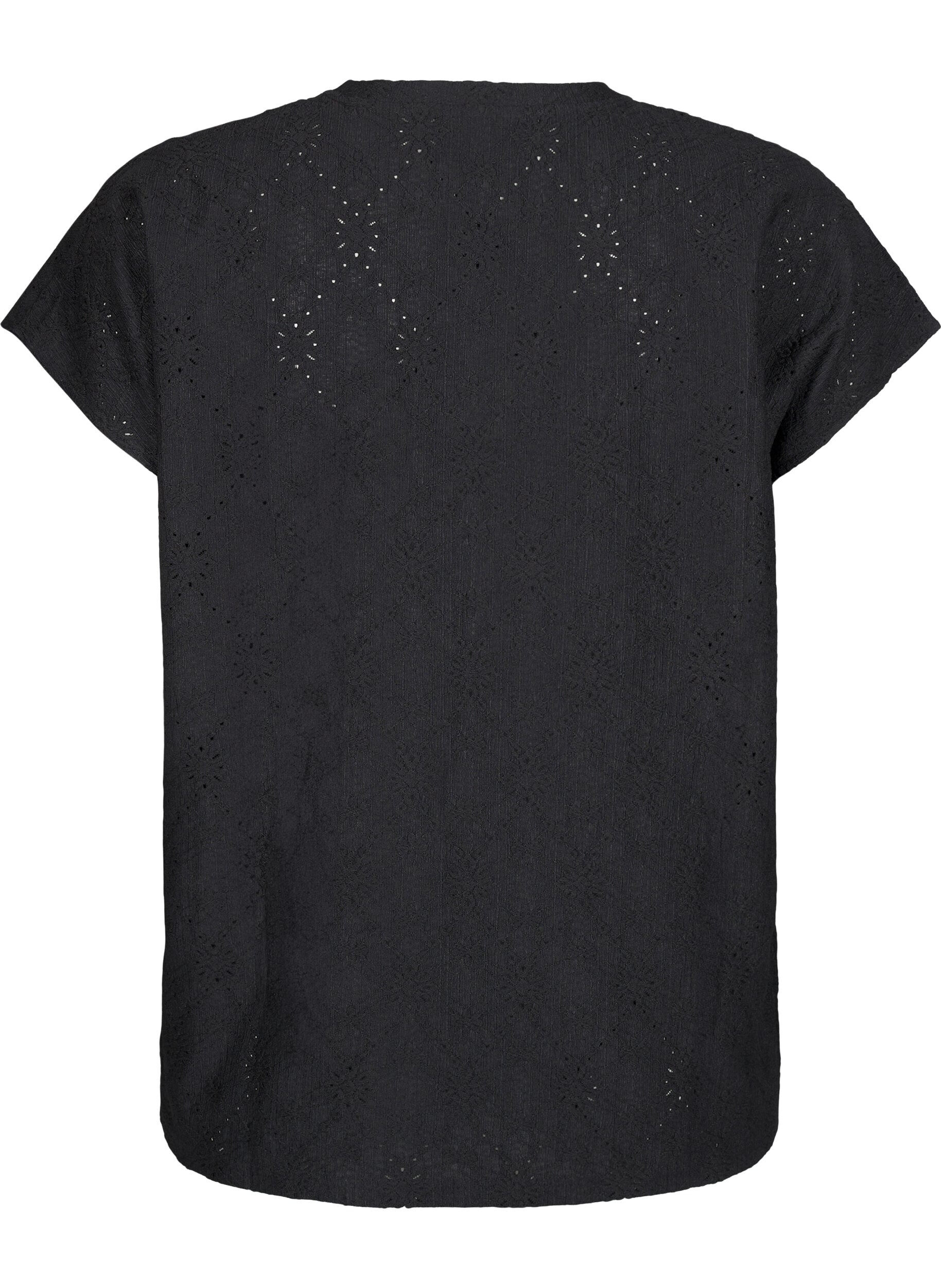 Zizzi Bluse med korte &aelig;rmer og blomsterbroderi, Black, Packshot image number 1