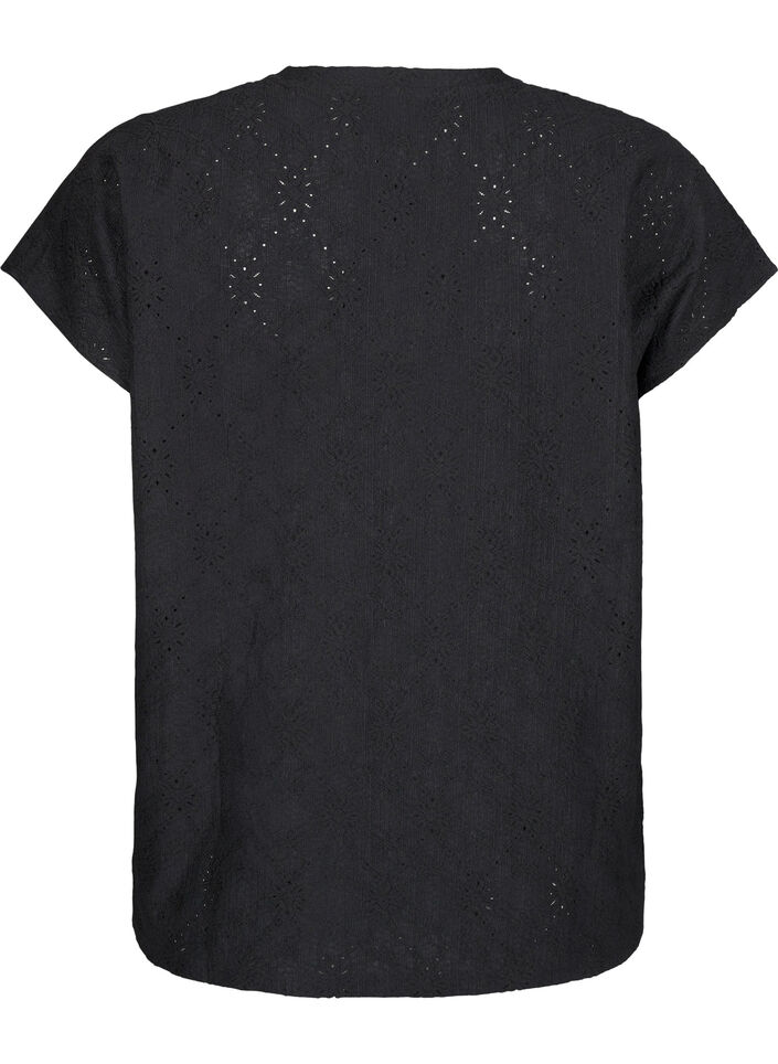 Bluse med korte ærmer og blomsterbroderi, Black, Packshot image number 1