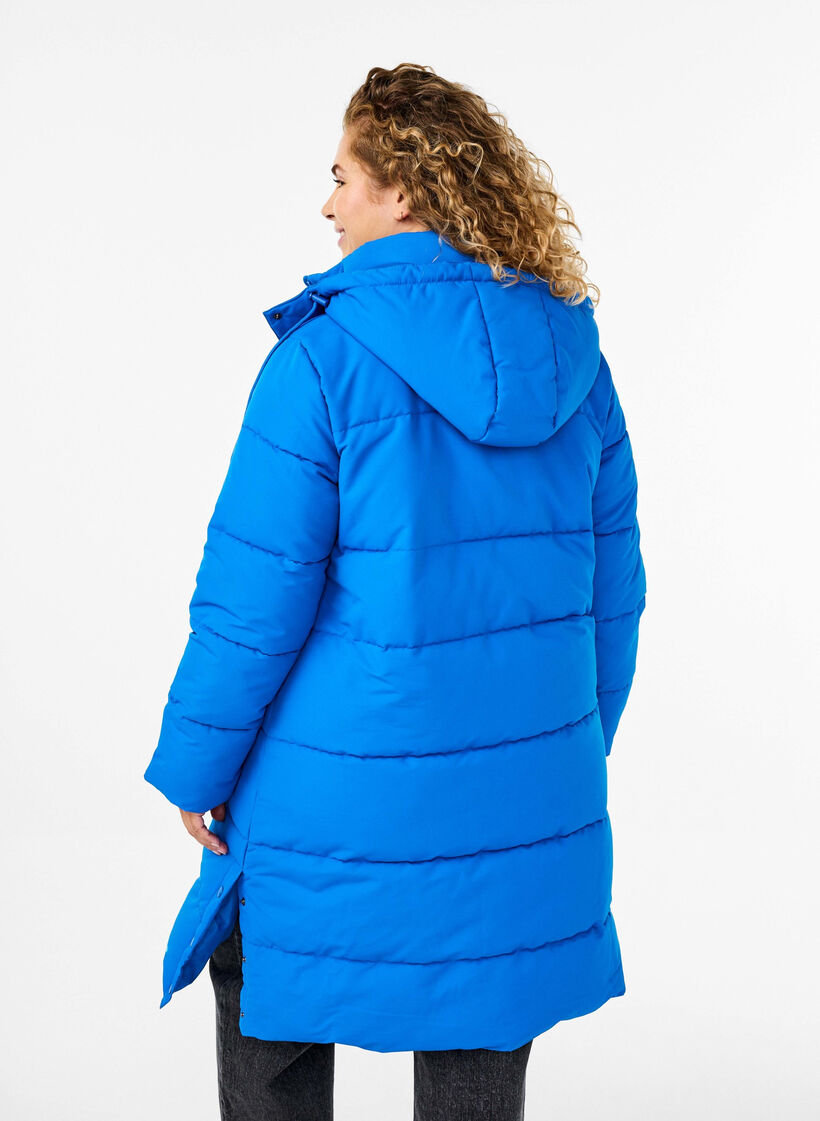 Lang puffer jakke med lommer og hætte, Blå, Model image number 2