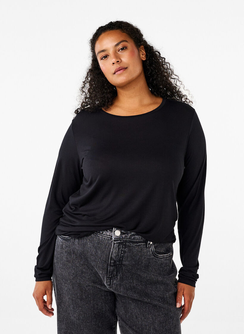 Lang&aelig;rmet bluse i uld og viskose, Sort, Model image number 0