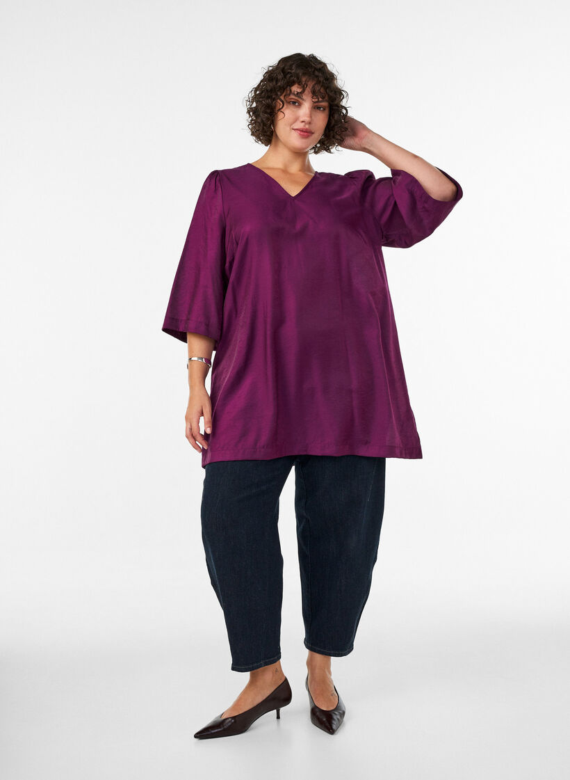Glansfuld tunika med V-udsk&aelig;ring og 3/4-&aelig;rmer, Lilla, Model image number 1