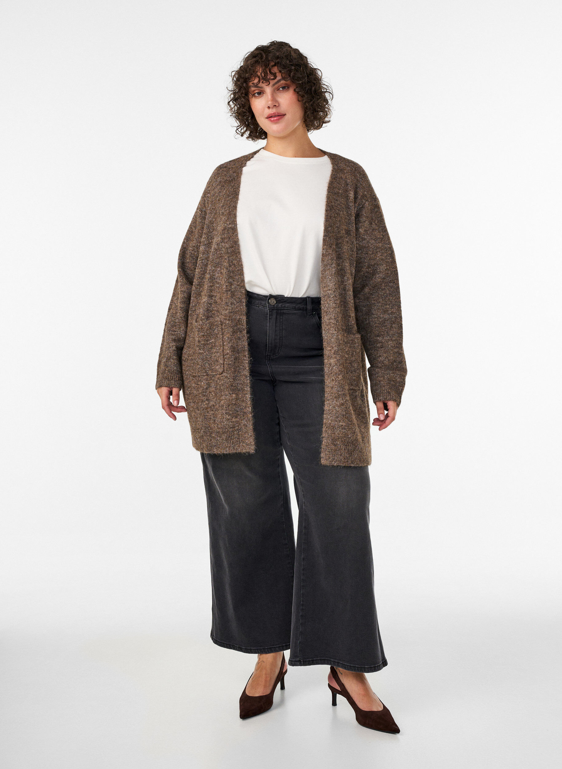 ZizziLang cardigan med lommer, Brun, Model image number 1