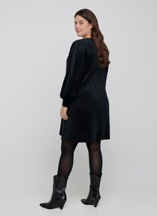 Velour kjole med lange pufærmer, Black, Model image number 1