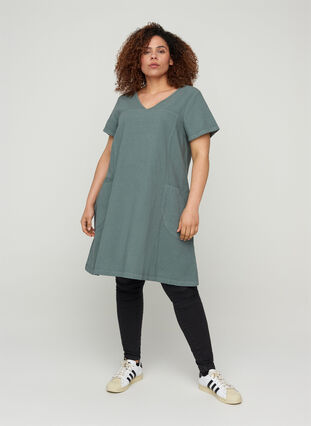 Kortærmet kjole i bomuld, Balsam Green, Model image number 2