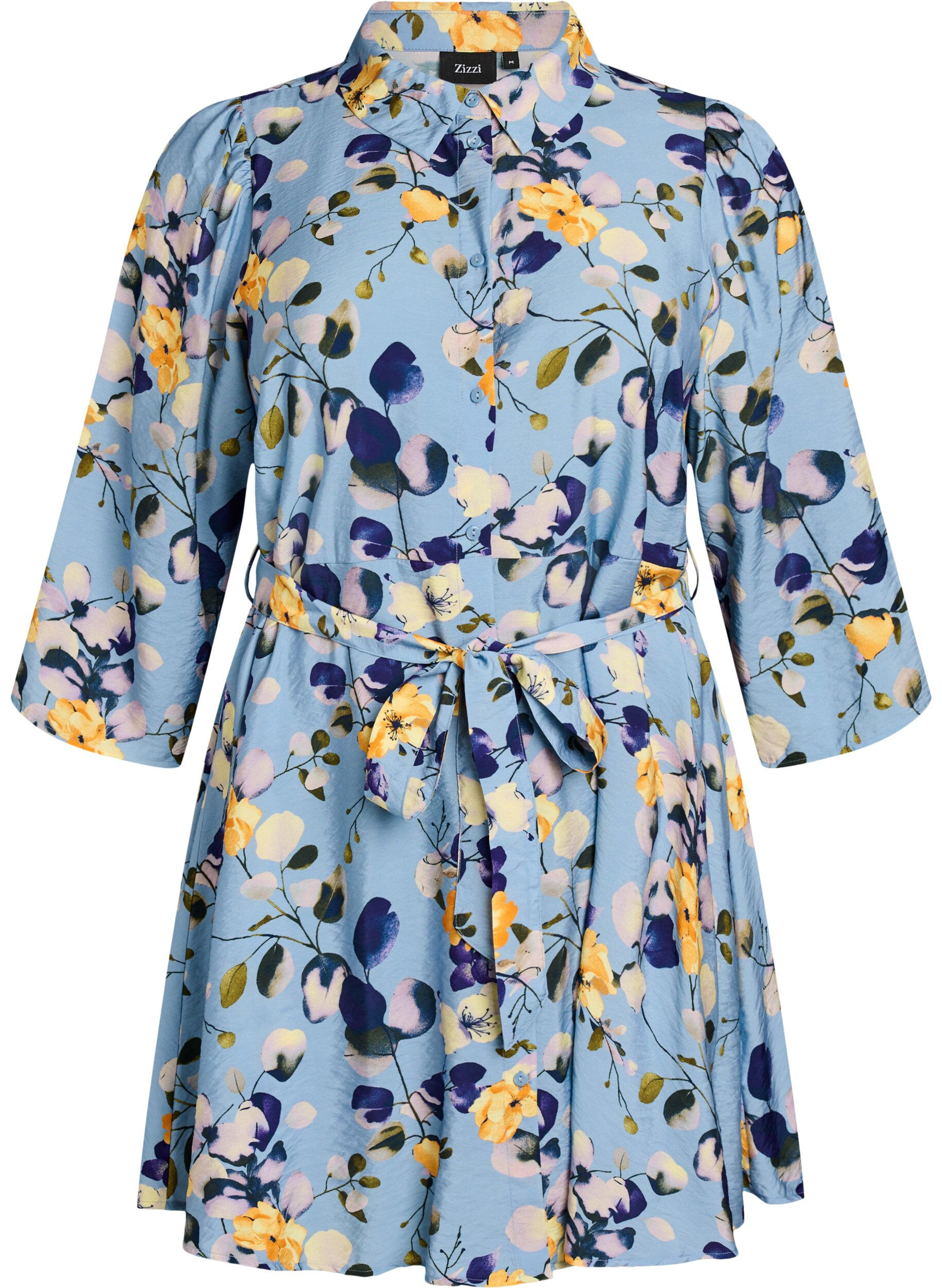 Zizzi M&oslash;nstret tunika med bindeb&aelig;lte og 3/4 &aelig;rmer, Bl&aring;, Packshot image number 0