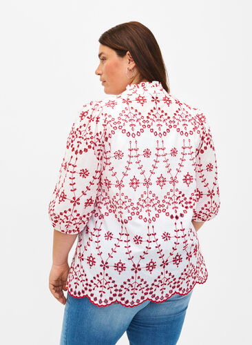 3/4 ærmet bluse med kontrastfarvet broderi anglaise, White w. Red, Model image number 1