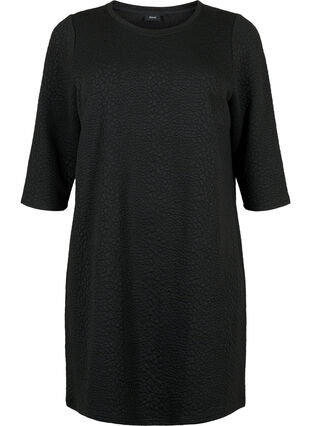 Kjole med tekstur og 3/4 ærmer, Black, Packshot image number 0