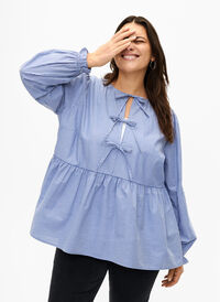 Stribet bluse i bomuld med bindedetalje , Baja Blue Stripe, Model