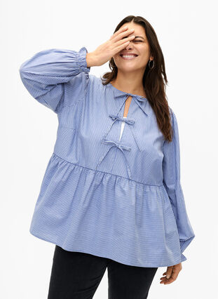 Stribet bluse i bomuld med bindedetalje , Baja Blue Stripe, Model image number 0