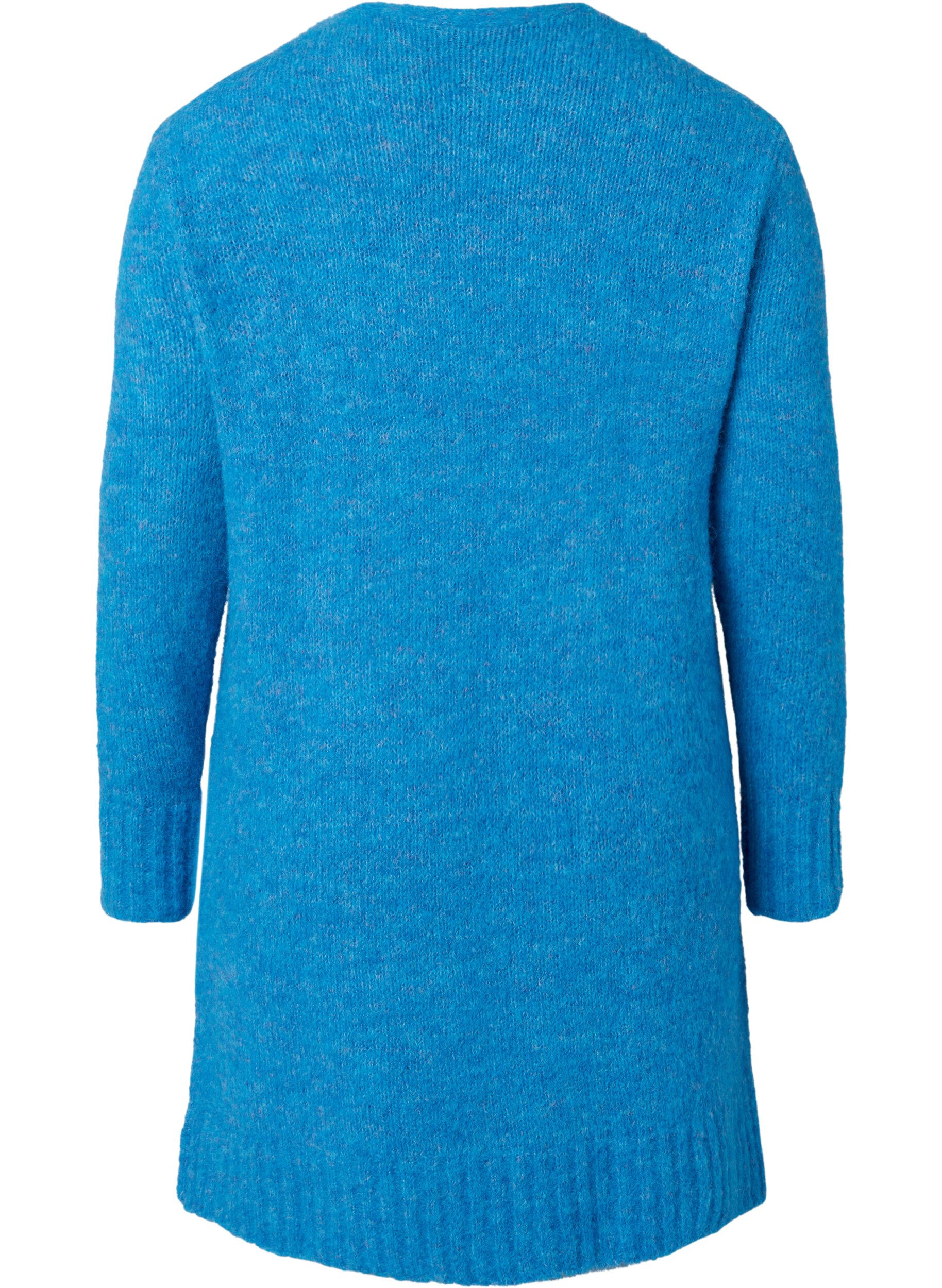 Zizzi Lang strikcardigan med uld og lommer, French Blue, Packshot image number 1