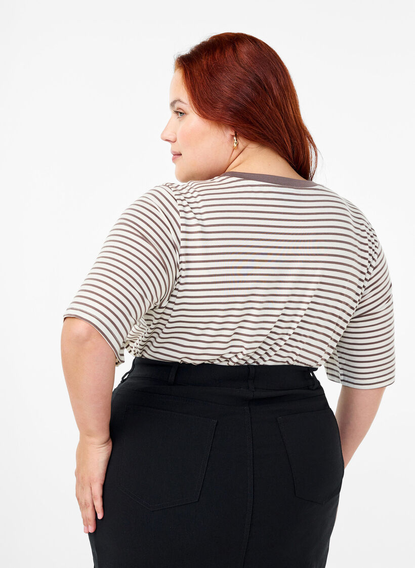 Stribet t-shirt i lyocell med rund hals, Brun, Model image number 2