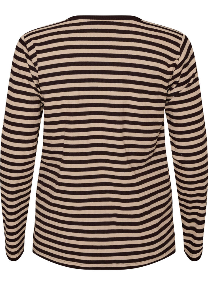 Stribet bluse med lange &aelig;rmer, Brun, Packshot image number 1