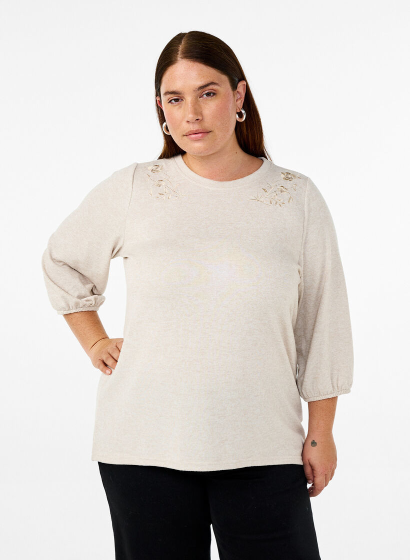 Bluse med blomsterbroderi og 3/4-ærmer, Oatmeal Melange, Model image number 0
