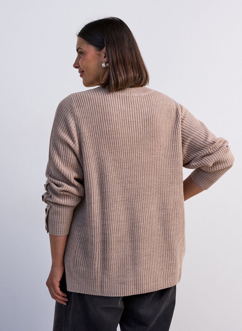 Strikbluse med ribstruktur og knapdetaljer, Beige, Model image number 2