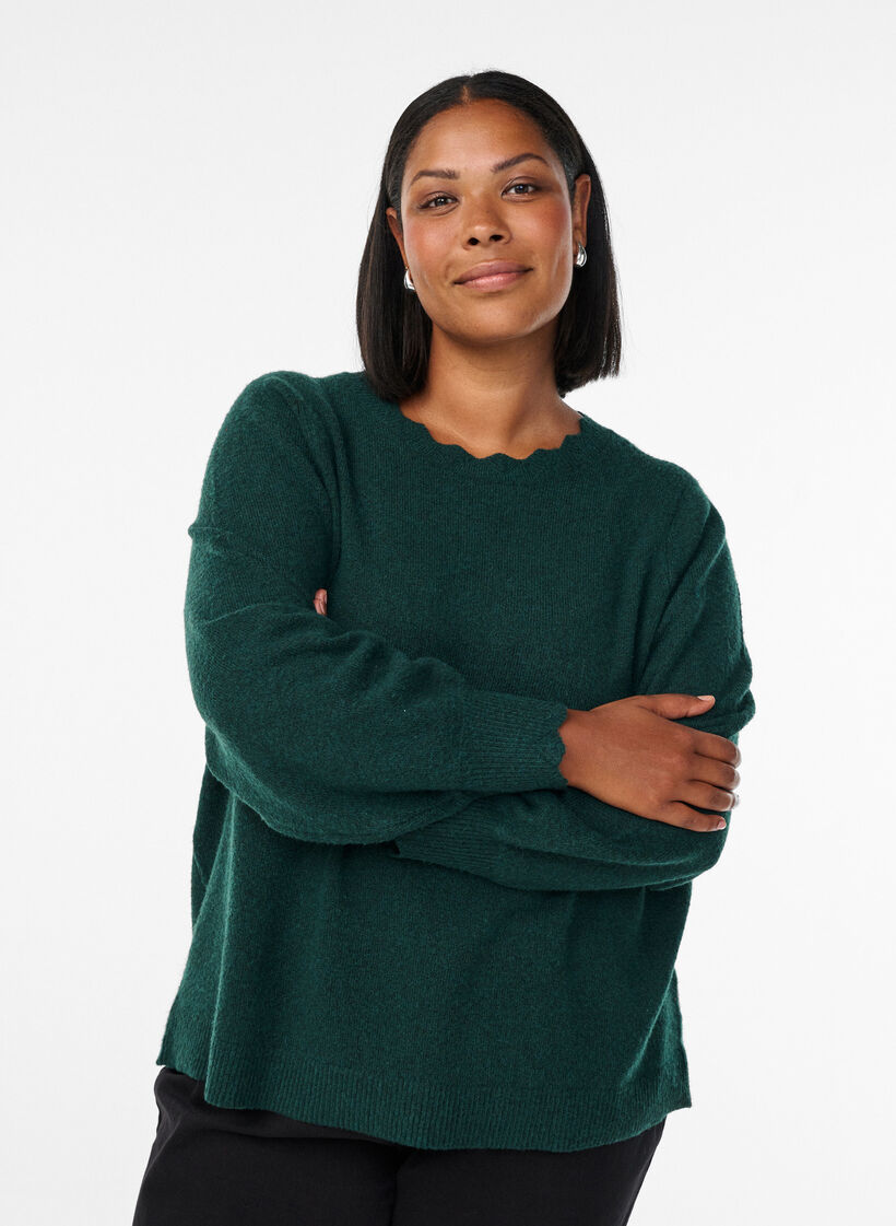 Strikbluse med b&oslash;lgekanter, Gr&oslash;n, Model image number 0