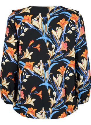 Langærmet bluse med flæser, Black Flower AOP, Packshot image number 1