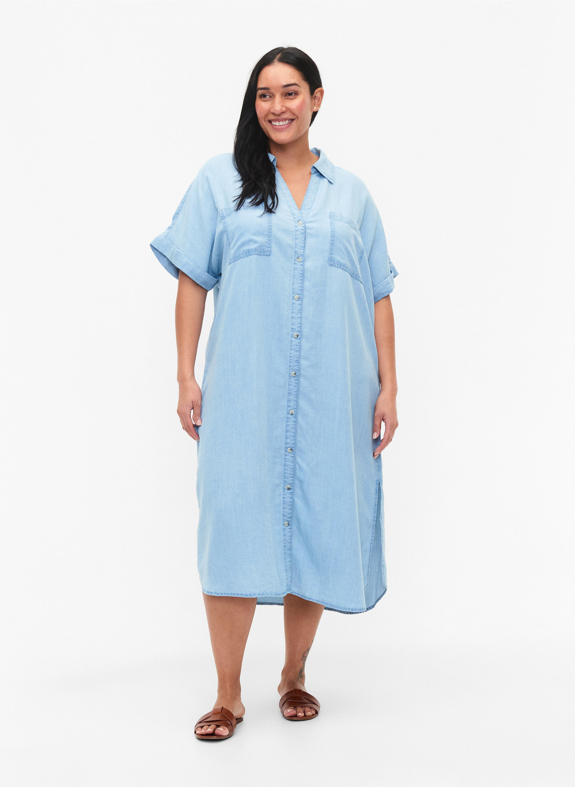 Zizzi Kort&aelig;rmet skjortekjole i lyocell (TENCEL&trade;), Light blue denim, Model image number 0