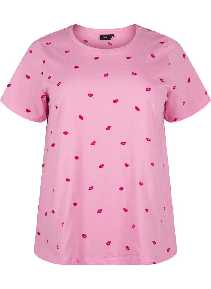 T-shirt i økologisk bomuld med broderede læber., Rose Bl. Lips Emb. , Packshot image number 0