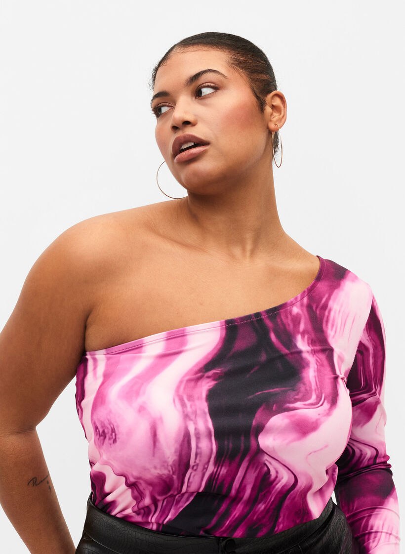 One-shoulder bluse med print, Raspberry Rose AOP, Model image number 2