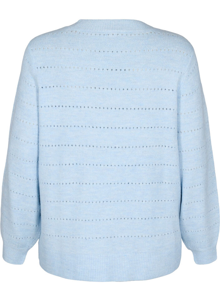 Strikbluse med rund hals og hulmønster, Cashmere Blue Mel., Packshot image number 1