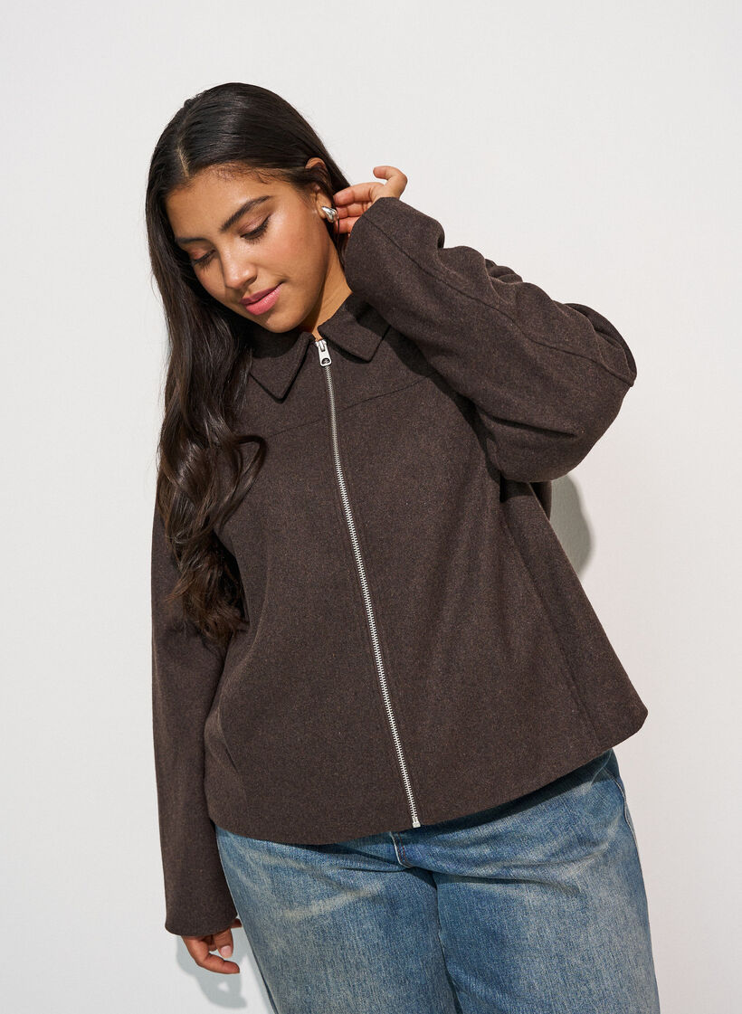 Kort jakke med skjortekrave og lynl&aring;s, Brun, Model image number 3