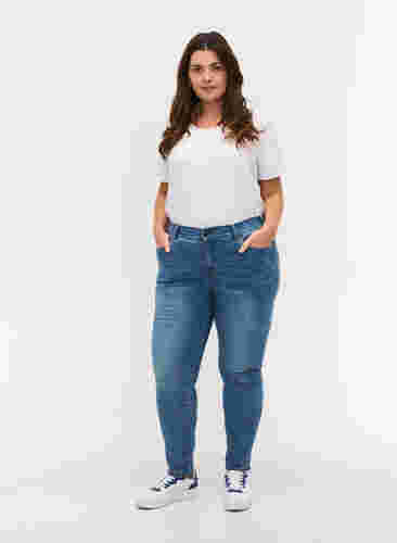 Cropped Amy jeans med høj talje og sløjfe, Blue denim, Model image number 3