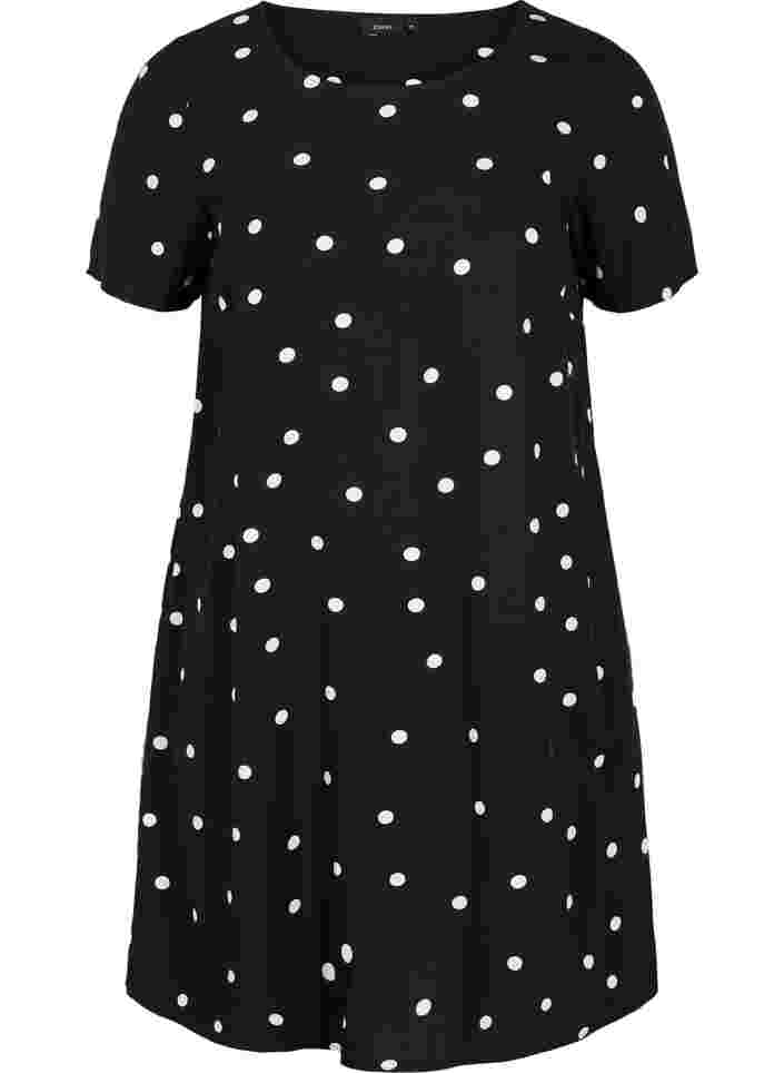 Prikket viskose kjole med korte ærmer, Black Dot, Packshot image number 0