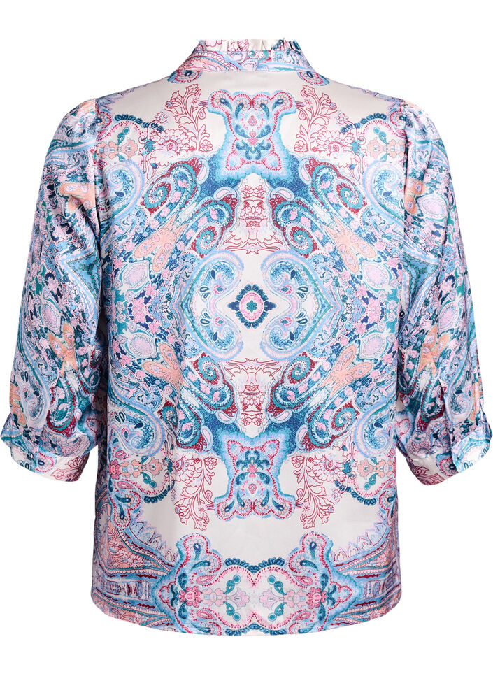 Bluse i satin-look med paisleyprint og 3/4-&aelig;rmer, Bl&aring;, Packshot image number 1
