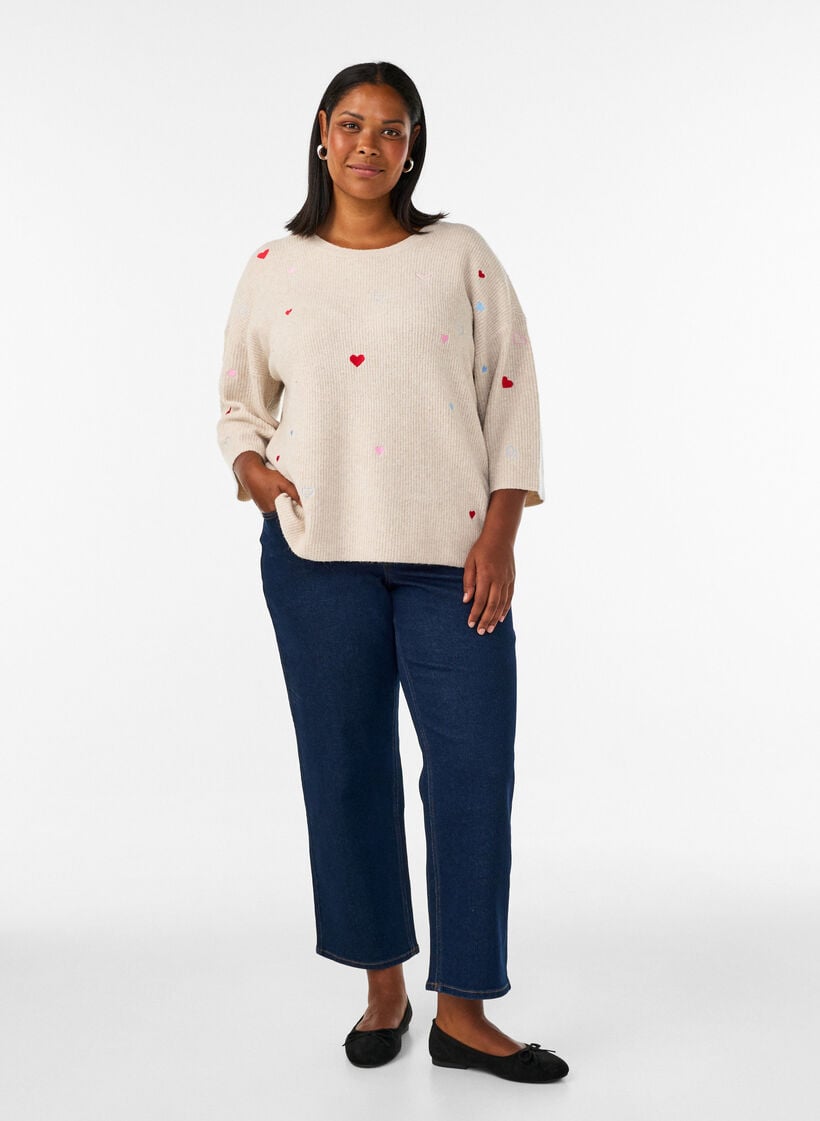 Strikbluse med hjerter og 3/4 &aelig;rmer, Beige, Model image number 1