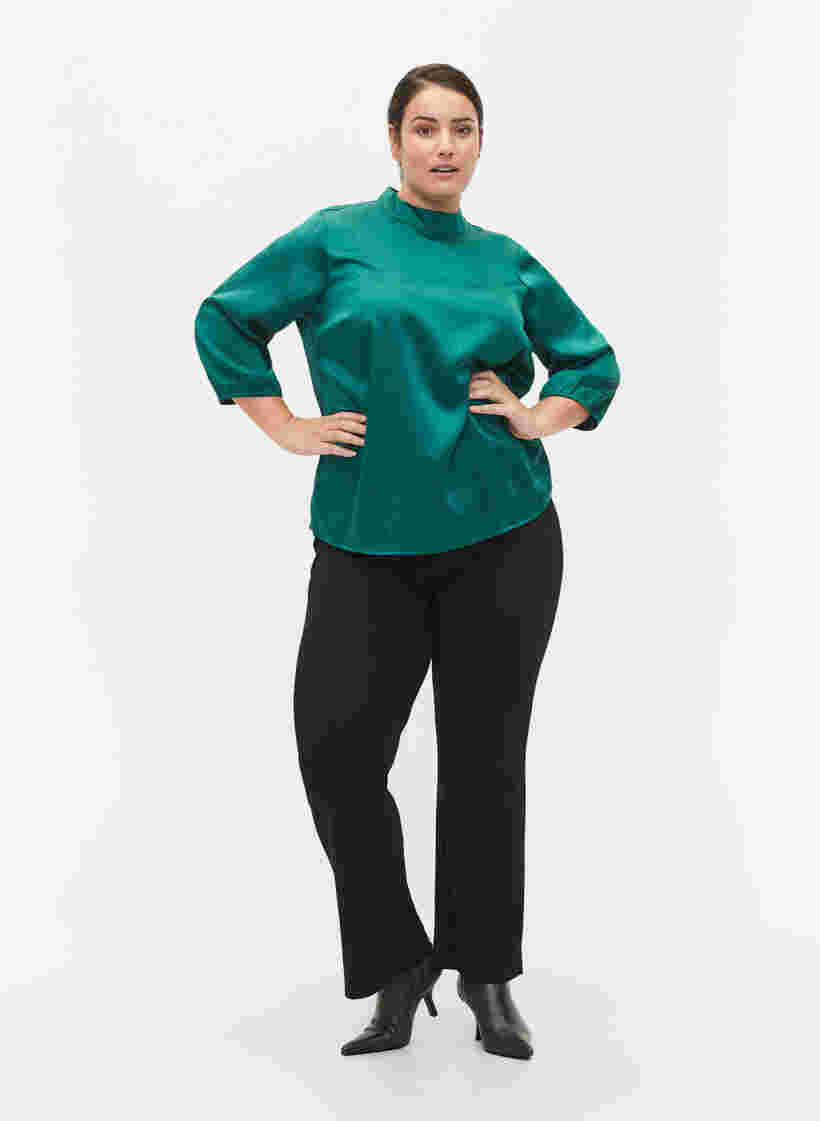 Bluse med 3/4 ærmer og kinakrave, Evergreen, Model image number 2