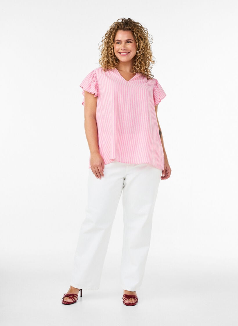 Bluse i h&oslash;r og viskose med fl&aelig;se&aelig;rmer, Lyser&oslash;d, Model image number 1