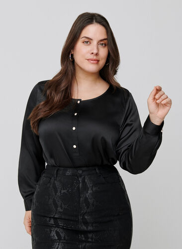 Langærmet bluse med feminine knapper, Black, Model image number 0